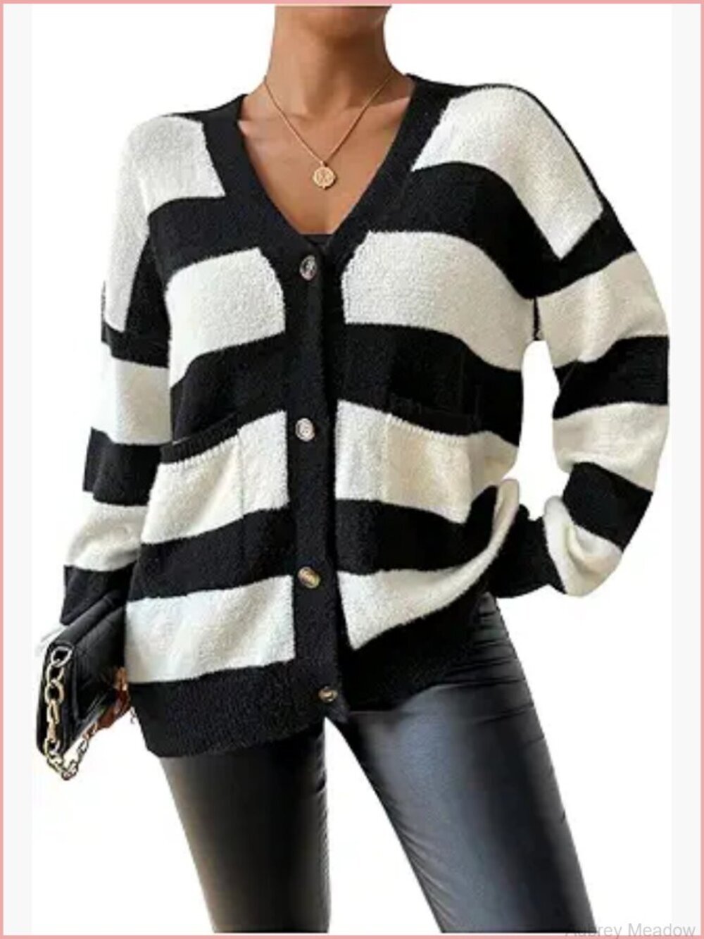 Striped Button Up Cardigan Sweater Long Sleeve V Neck Loose Knit Top
